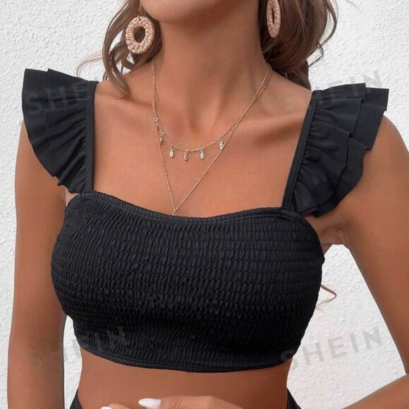 NEW SHEIN Ruffle Strap Wrap Bikini Black TOP only - XL (12) - Picture 1 of 6